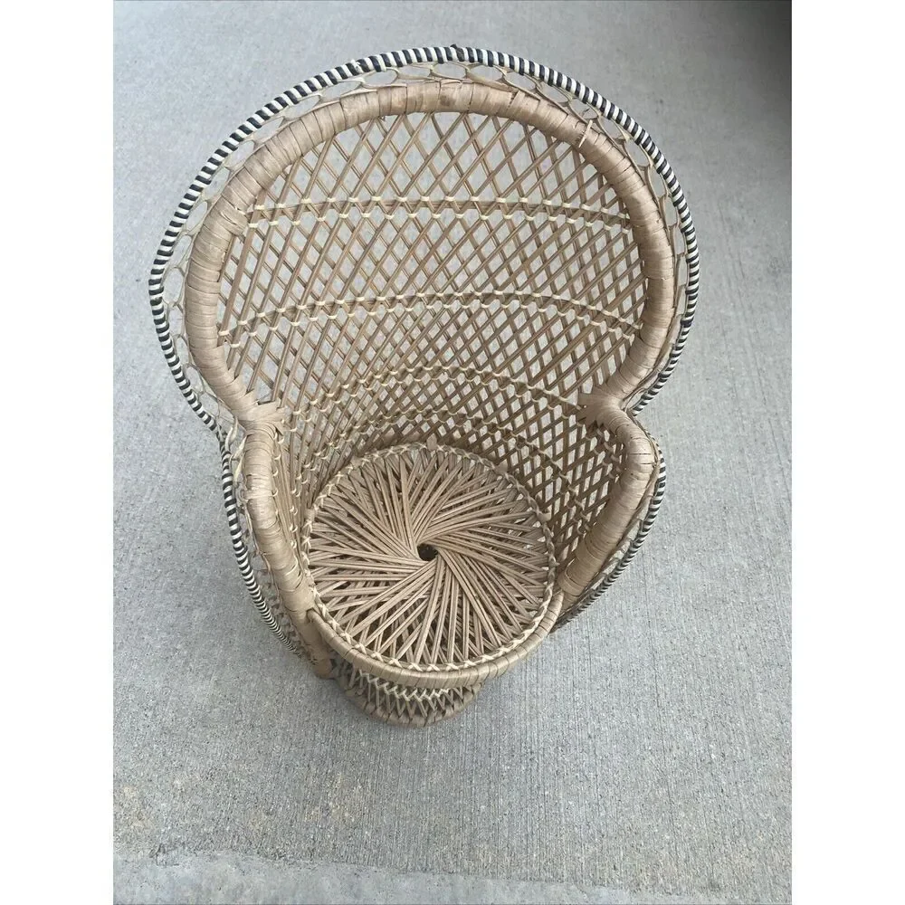 Vintage Wicker Rattan Doll Chair 16” Boho Decor Peacock Plant Stand Fan Back
